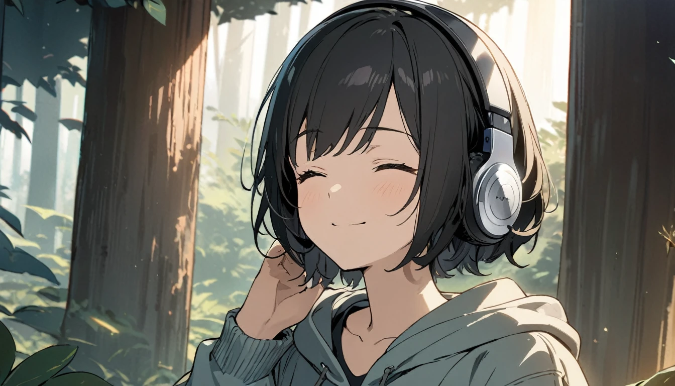 1girl, solo, gentle smile on her face flat chest, short hair, black hair, upper body, ((masterpiece, illustration, best quality)) ((best quality)), ((masterpiece)), (detailed), perfect face, sitting under a forest (Eucalyptus deglupta), listening to music, One woman, wearing headphones, eyes closed, wearing a hoodie