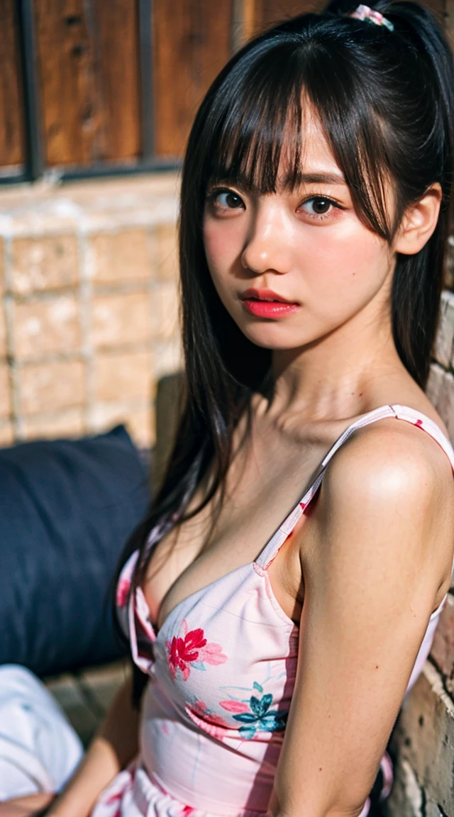 (Small Tits), (18-year-old), (very small head), dawn, sunlight, (Perfect body:1.1), (8K), (Very delicate and beautiful), (Highest quality:1.0), (Realistic), Realistic Shadows, (High resolution:1.0), Detailed skin, Very detailed, the body is slim, (Beautiful Hair, Real Hair, Thinning hair), blush, Realistic, Realistic Face, Realistic eyes, Small eyes, smile, (eyeliner), (mascara), (eye shadow), whole body、Open leg pose、Nipples、naked、Thick pubic hair、brand、ponytail