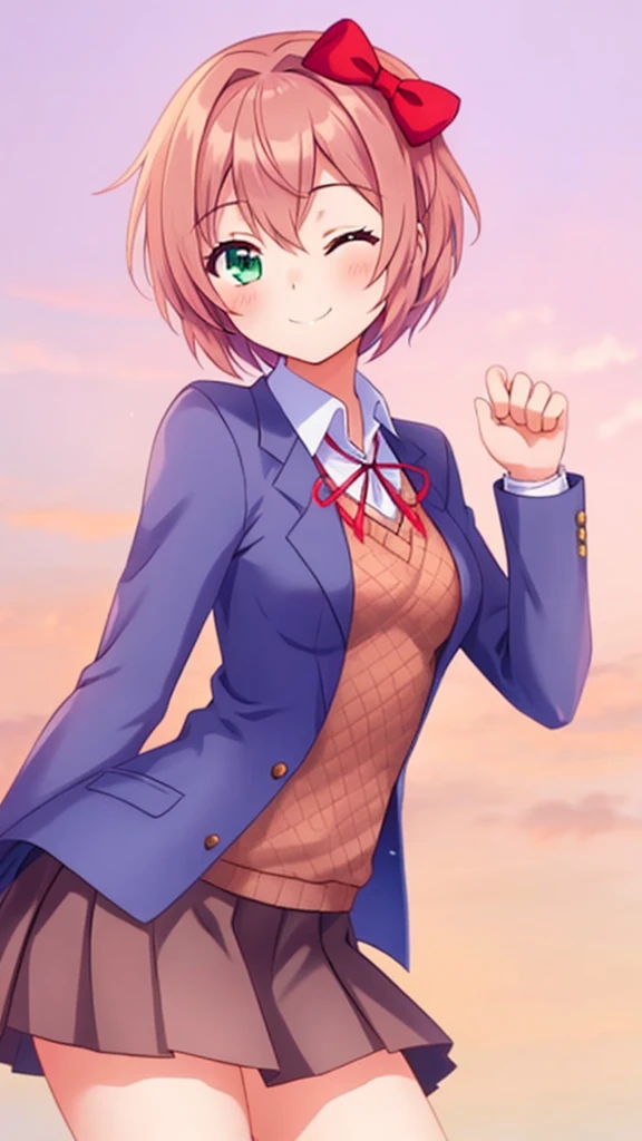 one girl, Sayori, DDLC, Doki Doki Literature Club, hair bow, short hair, cheerful girl, school blazer, positive girl, medium breasts, careless girl, girl smiles with her eyes closed, girl wink at me cutely, skirt