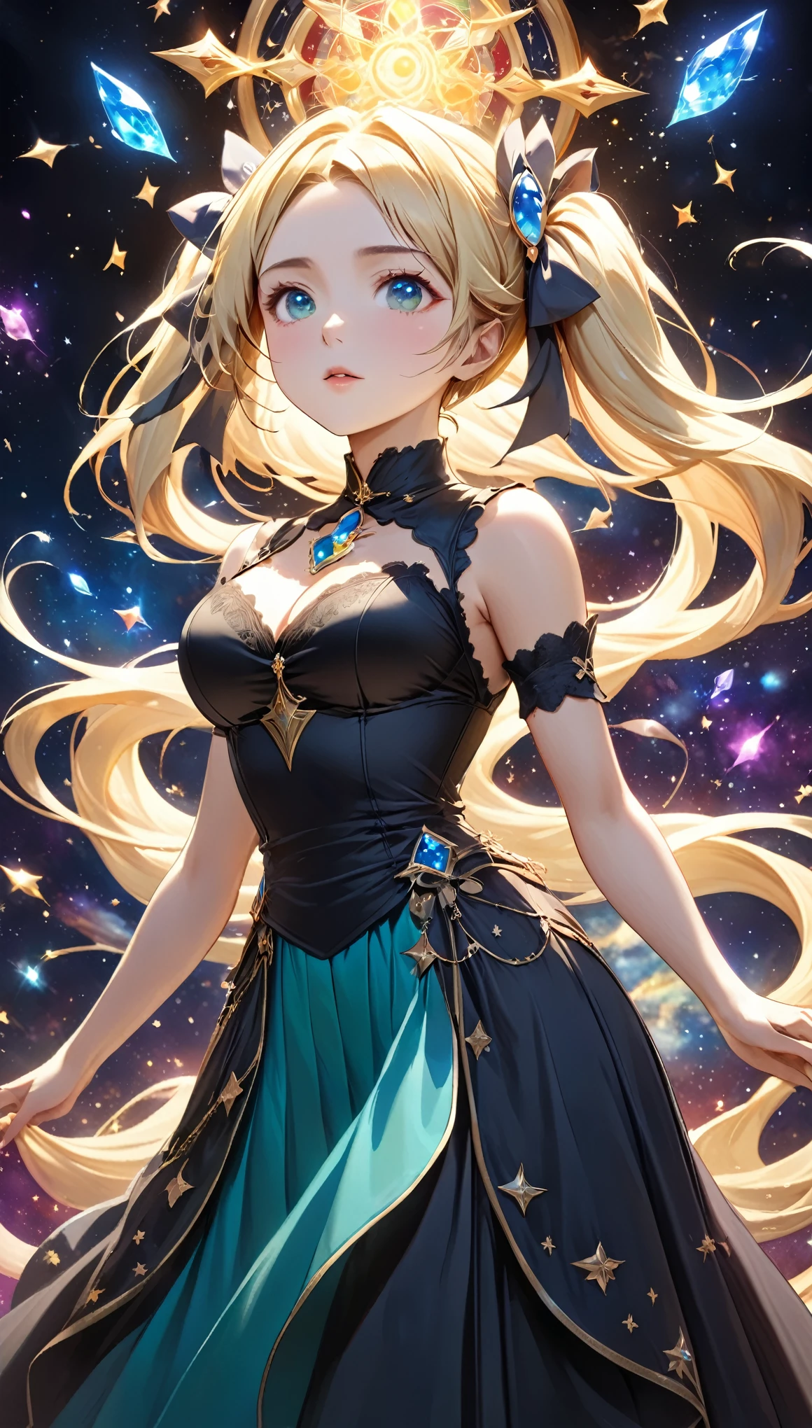 8K resolution, masterpiece, Highest quality, Award-winning works, unrealistic, Only sexy women, healthy shaped body, Age 25, White wavy long hair, twin tail, hair band, huge firm bouncing busts, witch, royal coat of arms, elegant, Very detailed, Digital Painting, artステーション, コンセプトart, Smooth, Sharp focus, shape, artジャム、Greg Rutkowski、Alphonse Mucha、William Adolphe Bouguereau、art:Stephanie Law , Magnificent cosmic background, Royal Jewel, nature, Full Shot, Symmetric, Greg Rutkowski, Charlie Bowwater, beep, Unreal 5, Surreal, Dynamic Lighting, ファンタジーart, Complex colors, カラフルなmagic陣, magic, Small face, Very delicate facial expressions, Delicate eye depiction, Upper body close-up,, erotic, dynamic sexy poses, One sexy woman, Healthy body shape, 24-year-old woman, doaxvv_marie rose, witch, Height: 170cm, big firm bouncing busts, , blonde very long wavy hair, twin tail,, Glaring at the camera, Looking up, Invincible laughter, A complex, gothic-style long dress, , Green long skirt, garter belt, Brown Loafers, Standing Alone