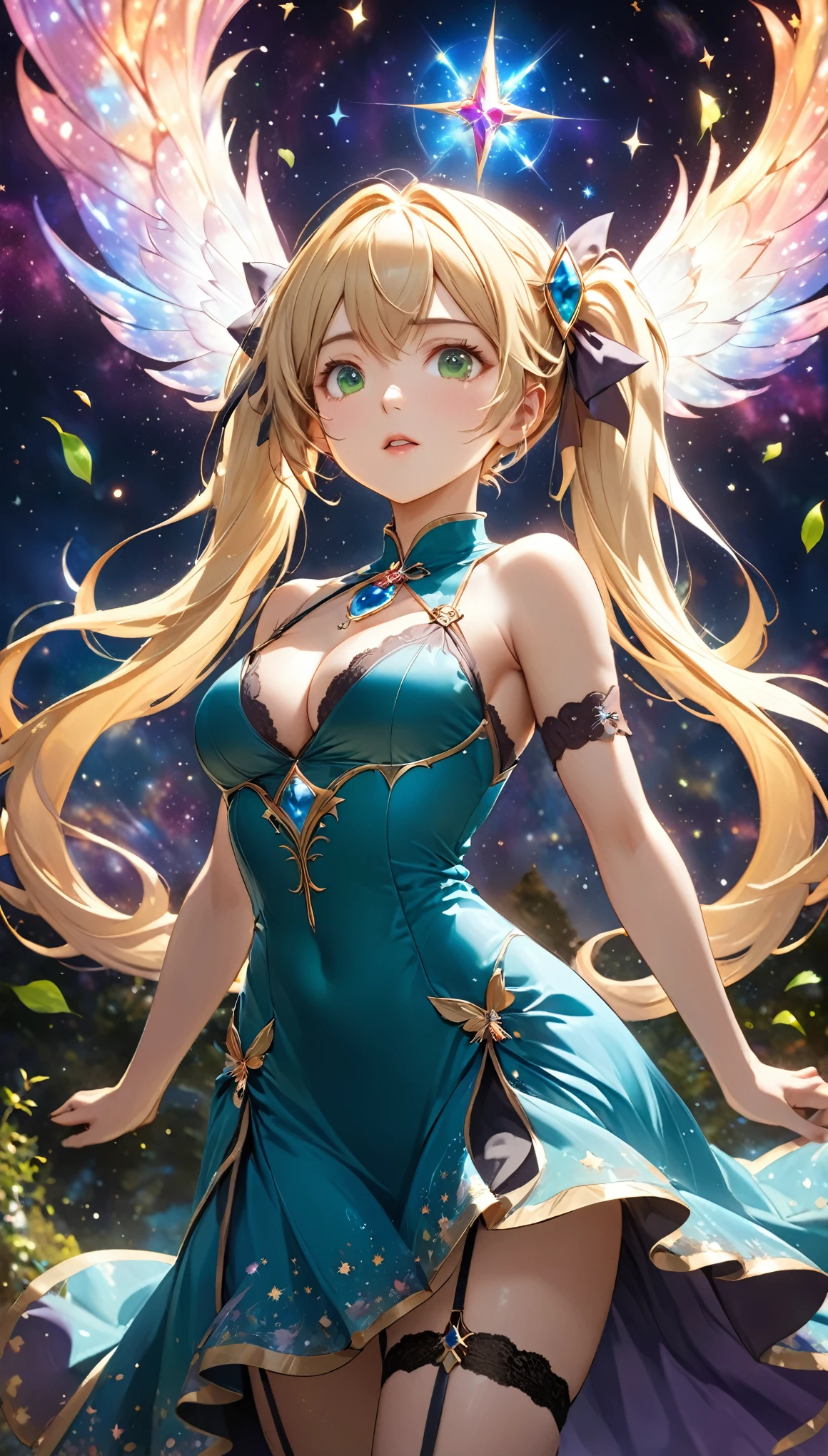 8K resolution, masterpiece, Highest quality, Award-winning works, unrealistic, Only sexy women, healthy shaped body, Age 25, White wavy long hair, twin tail, hair band, huge firm bouncing busts, witch, royal coat of arms, elegant, Very detailed, Digital Painting, artステーション, コンセプトart, Smooth, Sharp focus, shape, artジャム、Greg Rutkowski、Alphonse Mucha、William Adolphe Bouguereau、art：Stephanie Law , Magnificent cosmic background, Royal Jewel, nature, Full Shot, Symmetric, Greg Rutkowski, Charlie Bowwater, beep, Unreal 5, Surreal, Dynamic Lighting, ファンタジーart, Complex colors, カラフルなmagic陣, magic, Small face, Very delicate facial expressions, Delicate eye depiction, Upper body close-up,, erotic, dynamic sexy poses, One sexy woman, Healthy body shape, 24-year-old woman, doaxvv_marie rose, witch, Height: 170cm, big firm bouncing busts, , blonde very long wavy hair, twin tail,, Top view, Glaring at the camera, Looking up, Invincible laughter, A complex, gothic-style long dress, , Green long skirt, garter belt, Brown Loafers, Standing Alone
