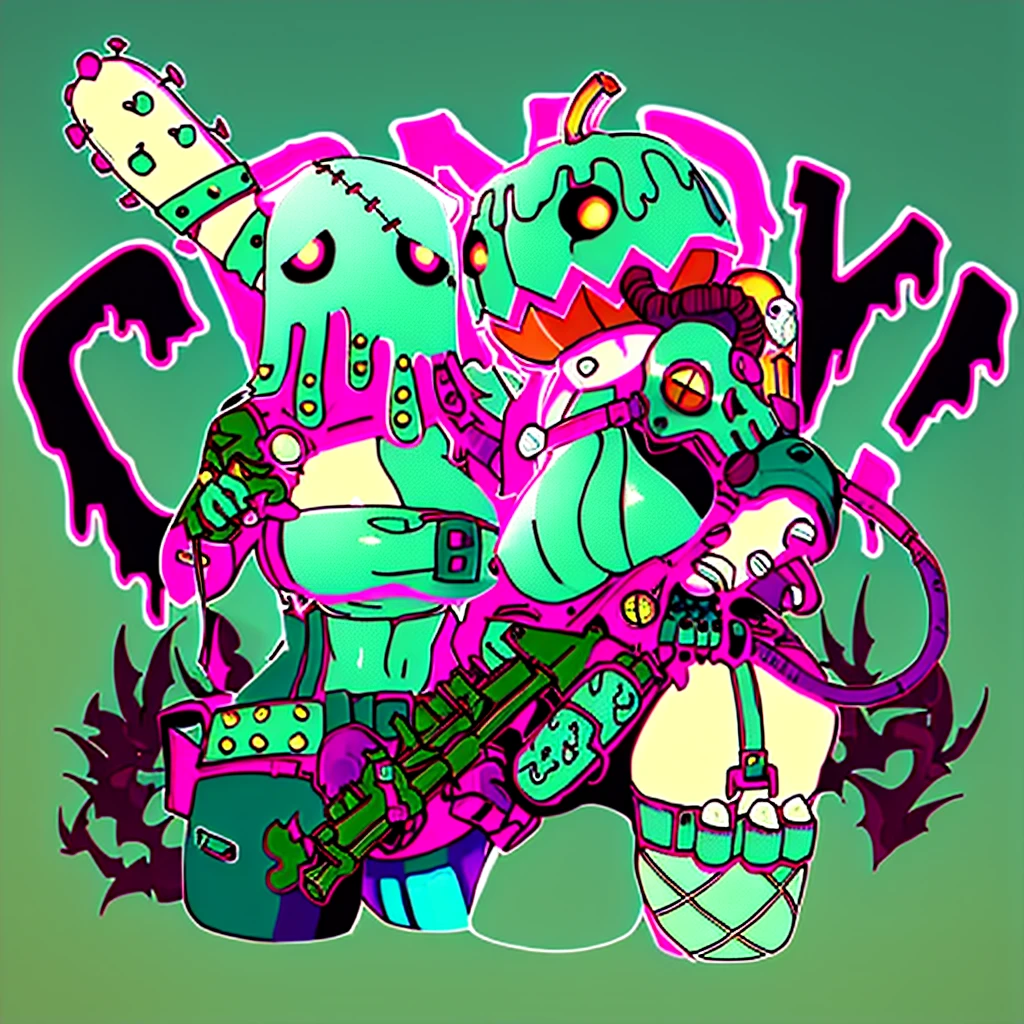 big lips, Brown hair, pink eyes, japanese face, improve, improve grin, two sides up, huge breasts, Wide hips, sexy, detailed, green room, Hits, (evil smile1.4), kawaii, pleated skirt, punk, GOOD, zombie costume, zombie shirt, zombie choker, zombie skirt, dezombie shirt,navel piercing