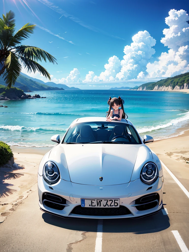 Blue long hair、Beautiful girl with twin tails、Driving a white Porsche along the beach、Splash Art、blue sky、White cloud、Bright smile、Seaside scenery