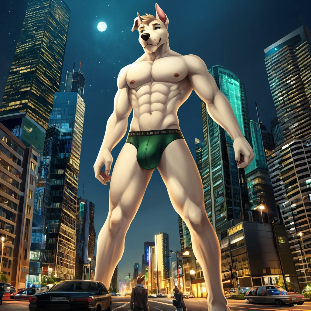 Airedale terrier, Anthro, Furry, Wearing dark green Underwear, Slim, city And Night, his really Macro size his 80ft tall,