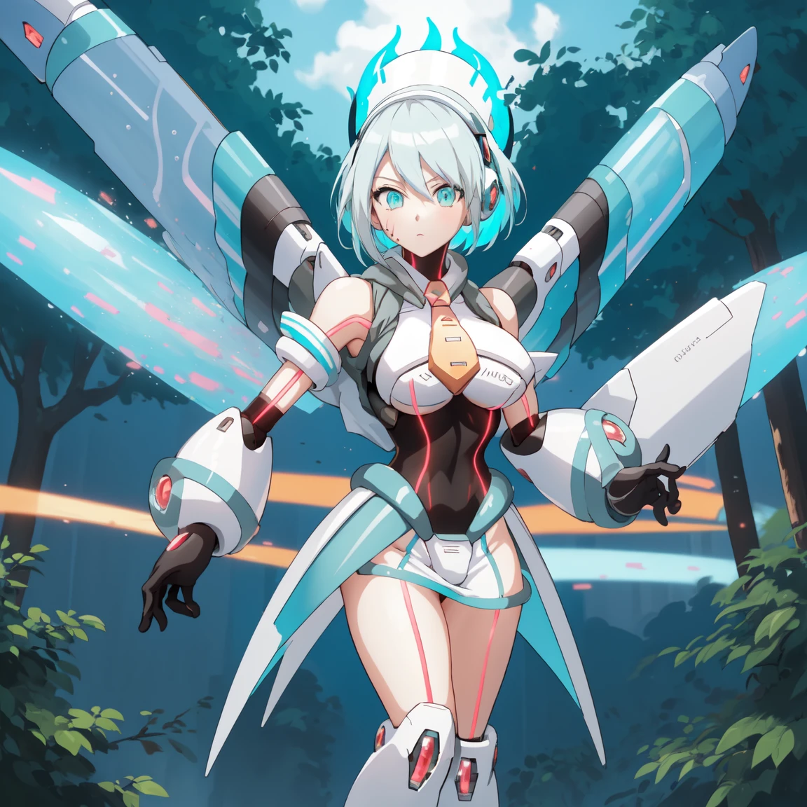 ico_megamanxdive, 1girl, blue eyes, solo, white hair, android, large breasts, black gloves, short hair, thighhighs, necktie, high quality, masterpiece, standing with green flames coming from a tree