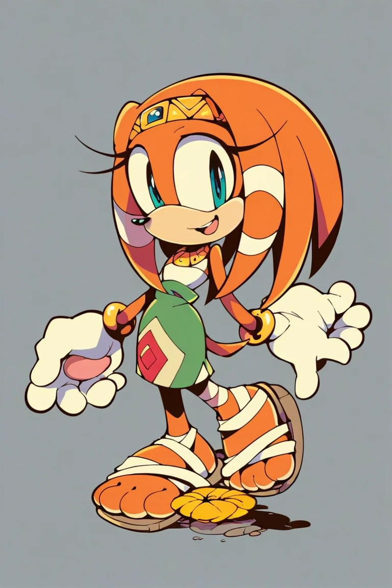 score_9, score_8_up, 2D, flat color, 1girl, solo, flat background, tikal the echidna from the sonic the hedgehog series, wide hips, narrow waist, sandals, paw feet