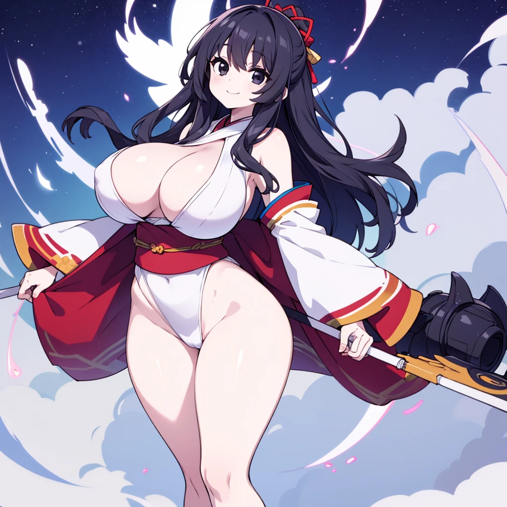 Highest quality, 1girl, solo, black hair, long hair, messy hair, black eyes, gigantic breasts, thick thighs, kimono, standing, smile, wide hips, pale skin