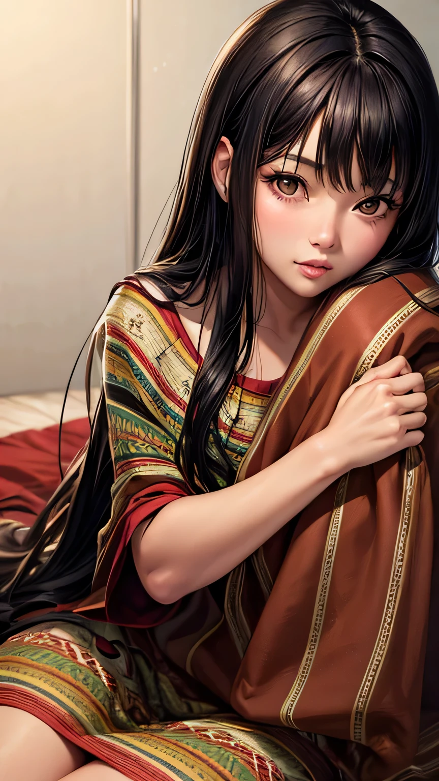 1girl, photo \(medium\), solo, black hair, photorealistic, asian, lips, long hair, dark brown eyes, cozy, snuggly, blanket, southwestern design, looking at viewer, sitting