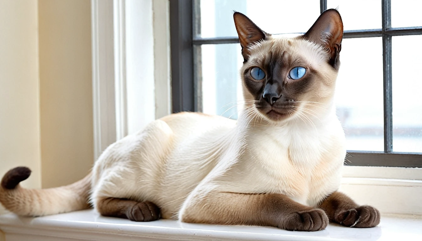 A detailed and realistic image of 1 Siamese cat, with blue almond-shaped eyes, short cream-colored fur with dark points on the ears, face, paws, and tail. The cat is sitting gracefully on a windowsill, bathed in soft, natural light, showcasing its elegant and sleek body. The background is a cozy, warmly lit room with a hint of greenery outside the window. The overall atmosphere is serene and inviting.