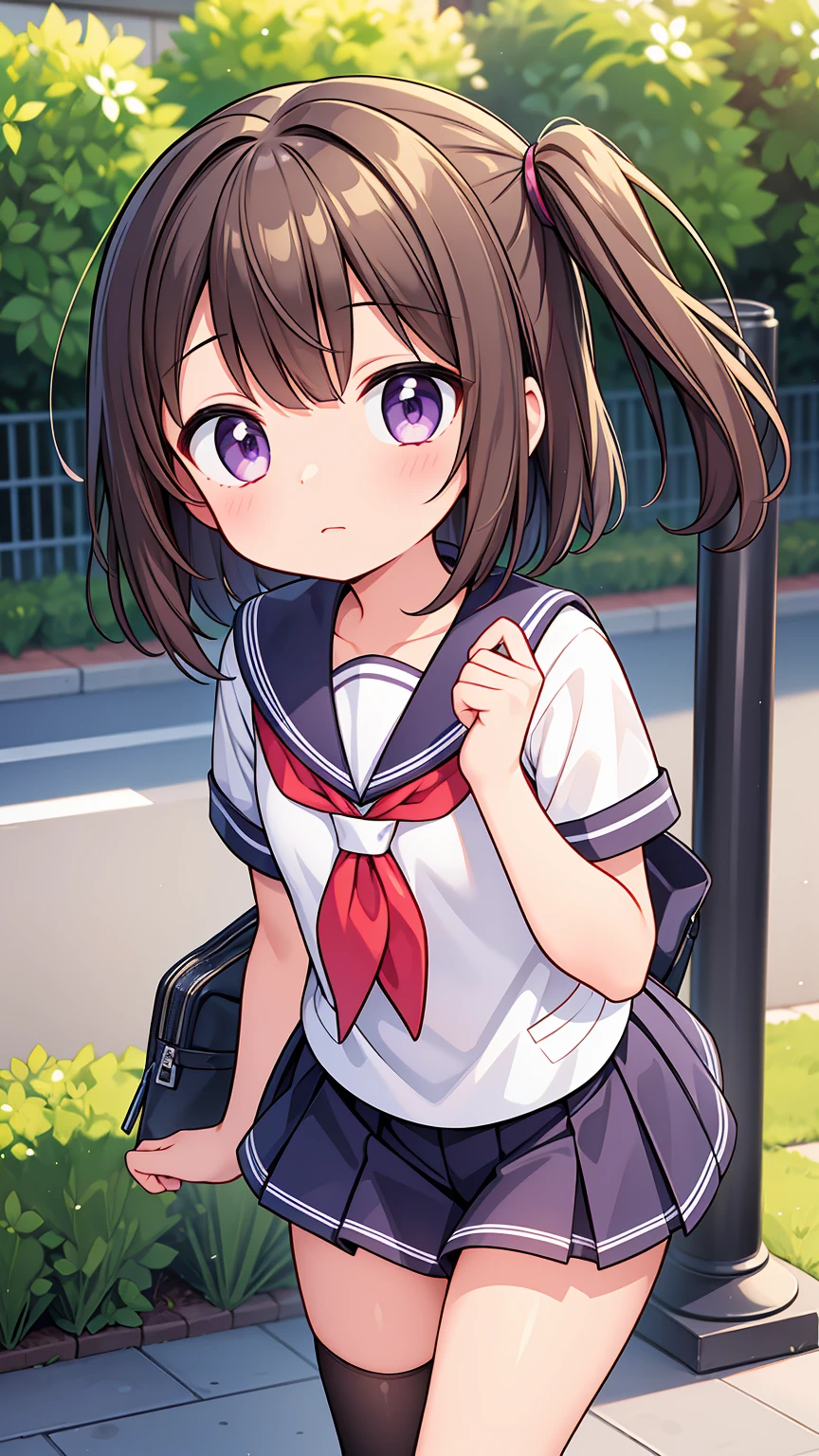 (High quality), (masterpiece), (very detailed), girl, (very small bust), short brown hair, purple eyes, shy face, (primary school loli), showing her thighs, on the school yard, sunny, camera angle from below, adorable eyes, (primar school uniform), she is in love