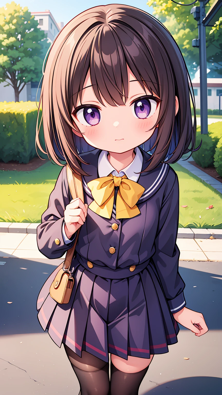 (High quality), (masterpiece), (very detailed), girl, (very small bust), short brown hair, purple eyes, shy face, (primary school ), showing her thighs, on the school yard, sunny, camera angle from below, adorable eyes, (primar school uniform), she is in love