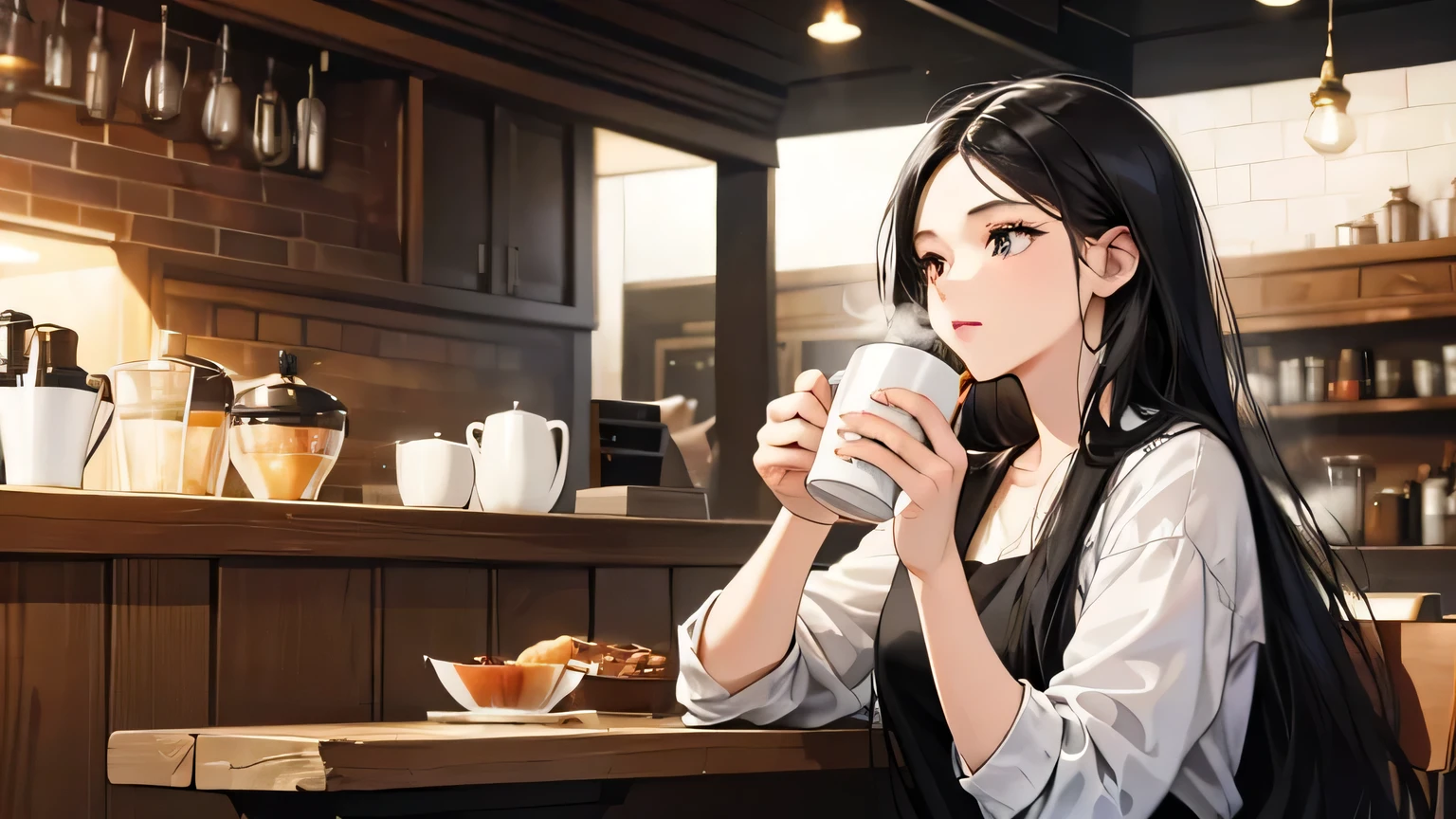 A young woman with long black hair drinking hot morning coffee in an open cafe