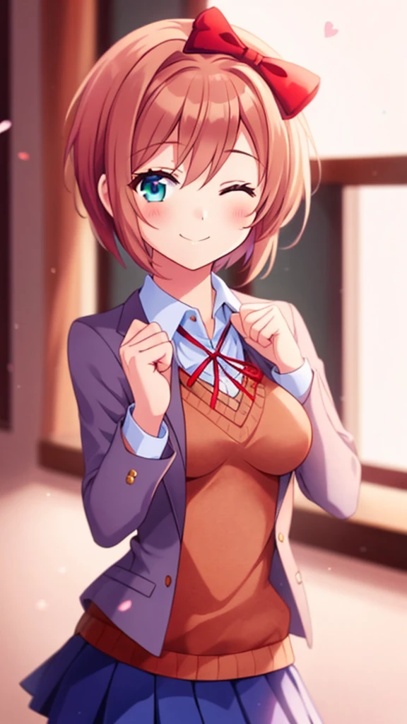 one girl, Sayori, DDLC, Doki Doki Literature Club, hair bow, short hair, cheerful girl, school blazer, positive girl, medium breasts, careless girl, girl smiles with her eyes closed, girl wink at me cutely, skirt