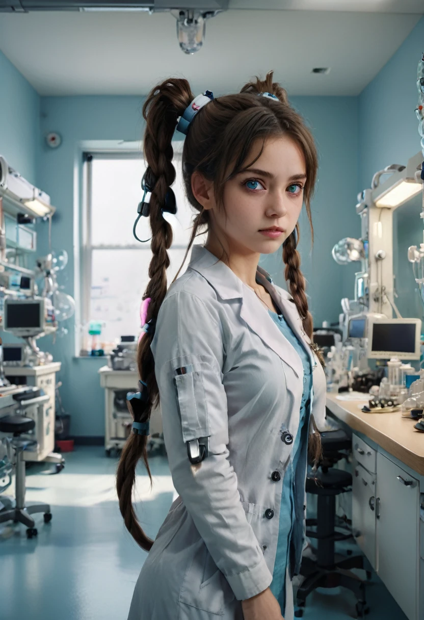 (girl, Twin Tails), The scene mainly depicts a girl in a clean and tidy medical room, with her ponytails neatly tied behind her head. She is exploring equipment with curious eyes, and the background is a medical room filled with equipment, full body, (Photography, Raw photo), panoramic view, award-winning, cinematic still, emotional, vignette, dynamic, vivid, (masterpiece, best quality, Professional, perfect composition, very aesthetic, absurdres, ultra-detailed, intricate details:1.3)
