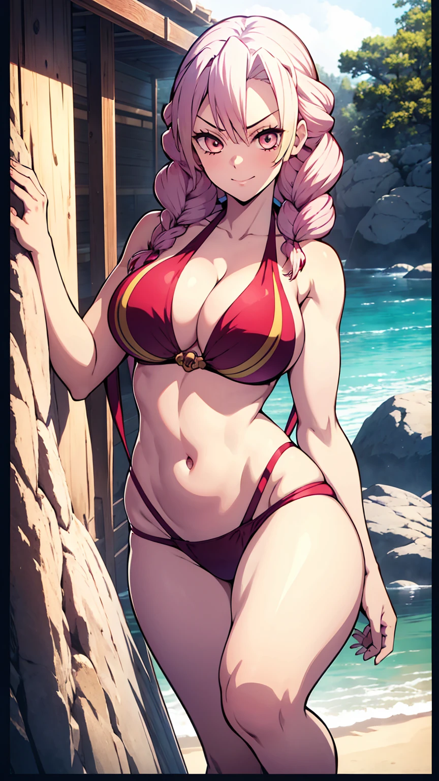 1 girl,multicolor hair,red bikini,sling bikini,huge breasts,white hair,colored skin,large breasts,slender,high resolution,4k,mitsuri,look at viewer, sinister,smug,hi quality,top quality,perfect body,calamitas,lying, on back,sexy pose,pov,open leg,whole body