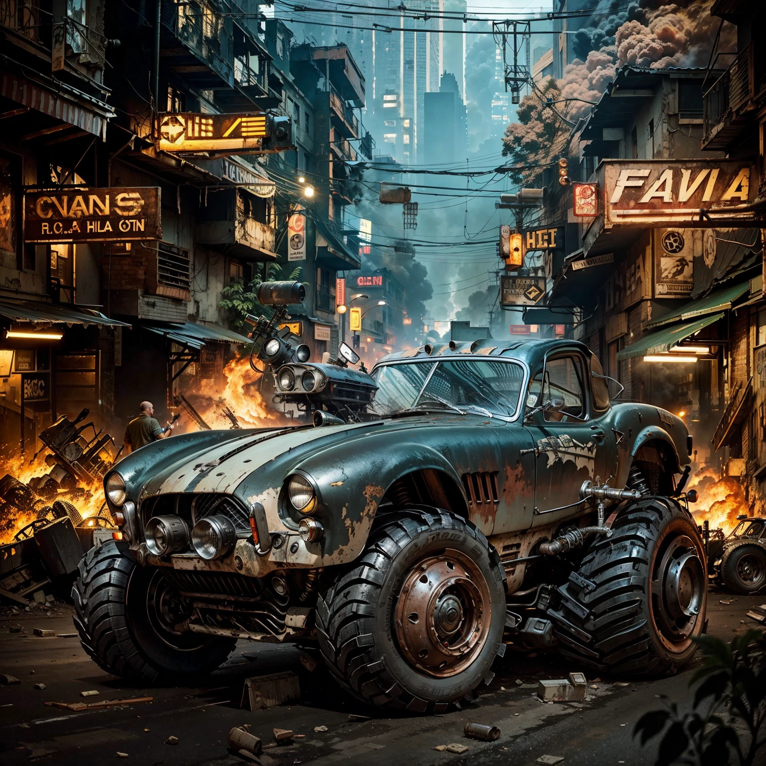 A grunge and old Black warrior Hot Rod car in the streets in the background is a sci fi abandoned city with a lot of buildings fire burning lights in the pos apocalypitic street
