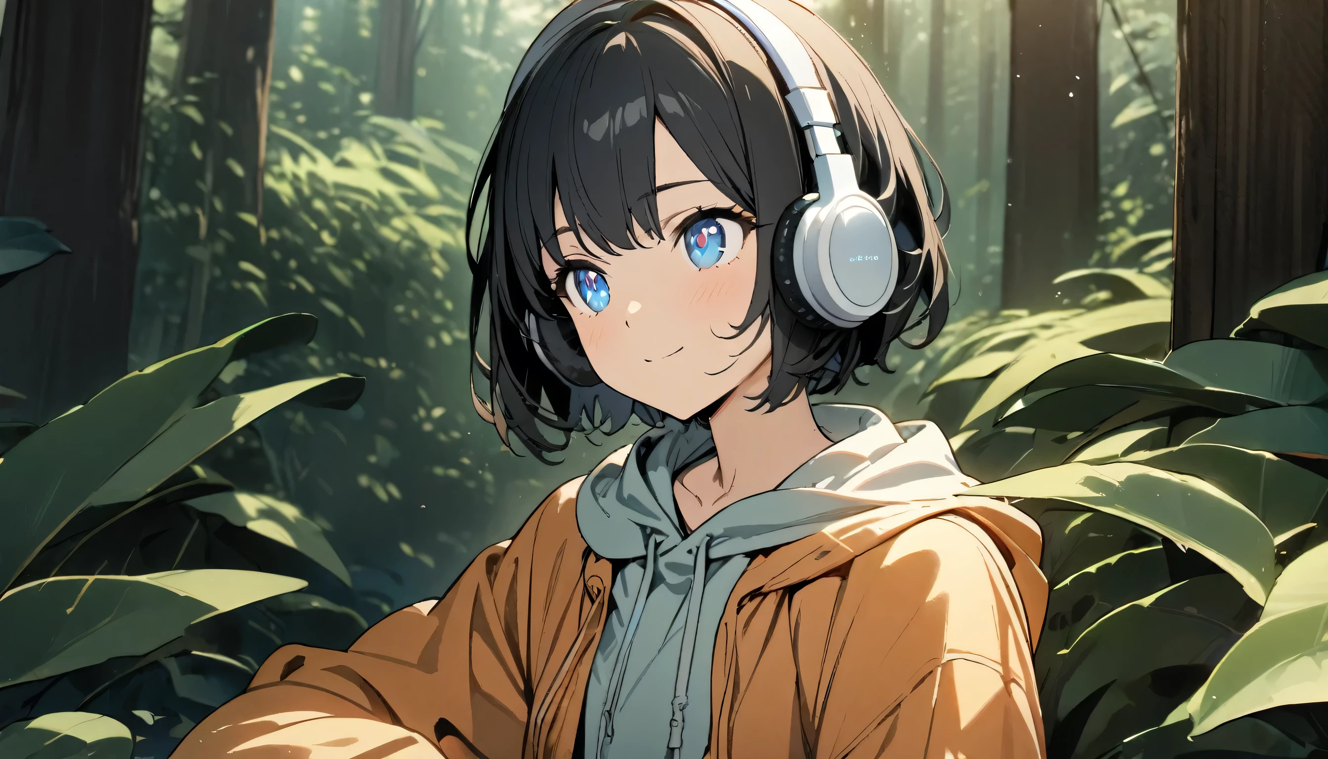 1girl, solo, gentle smile on her face flat chest, blue eyes, (detailed eyes), short hair, black hair, upper body, ((masterpiece, illustration, best quality)) ((best quality)), ((masterpiece)), (detailed), perfect face, sitting under a forest (Eucalyptus deglupta), listening to music, One woman, wearing headphones, wearing a hoodie