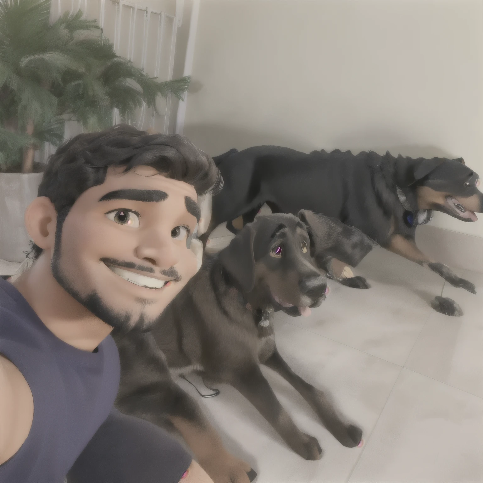 black male, with beard, Grinning, next to two dogs, a labrador and a rottweiller