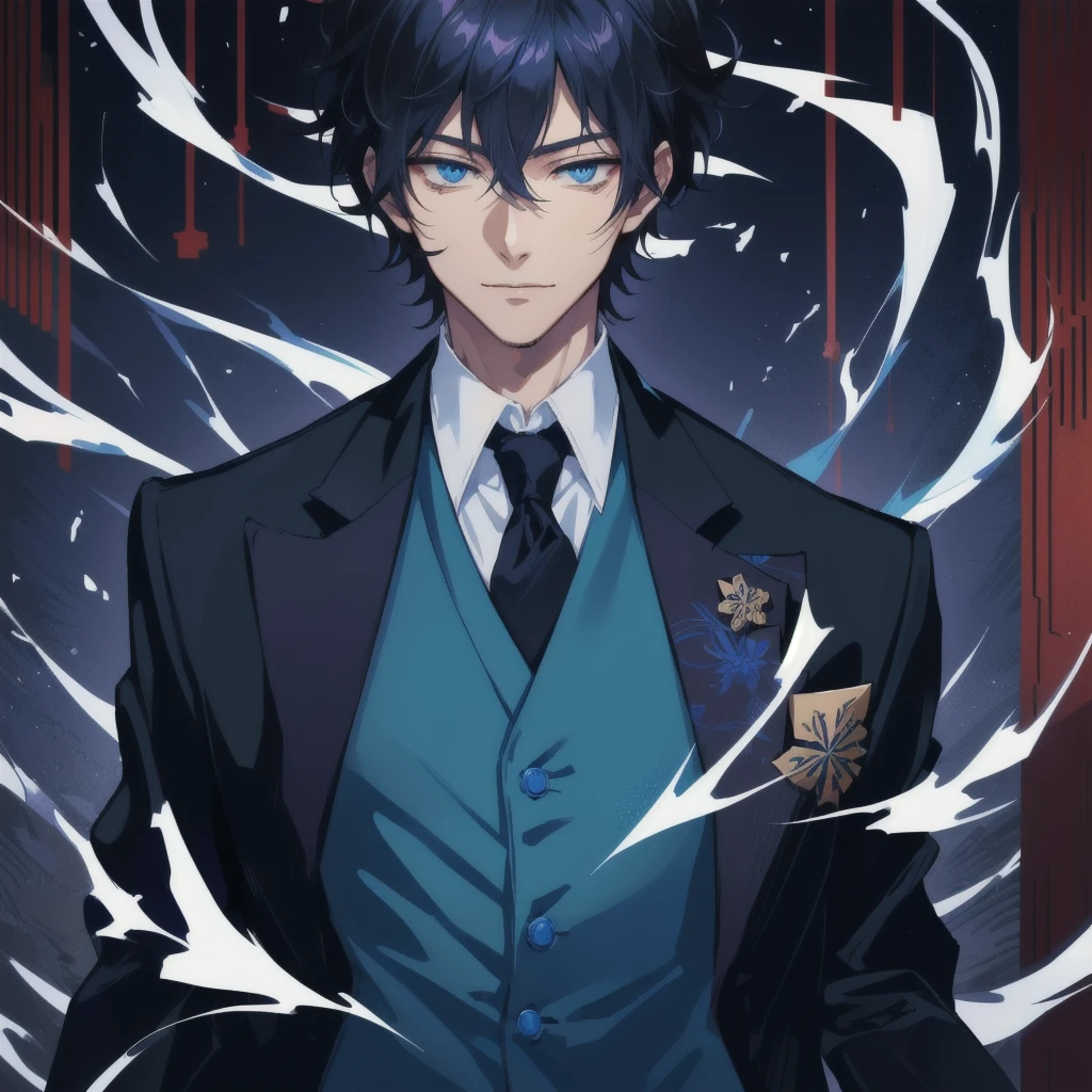a cartoon image of a man in a suit and tie, inspired by Okumura Masanobu, tall anime guy with blue eyes, handsome guy in demon slayer art, inspired by Okumura Togyu, he is wearing a suit, Hajime Yatate, hijikata toushirou, portrait gapmoe yandere gloomy, anime handsome man