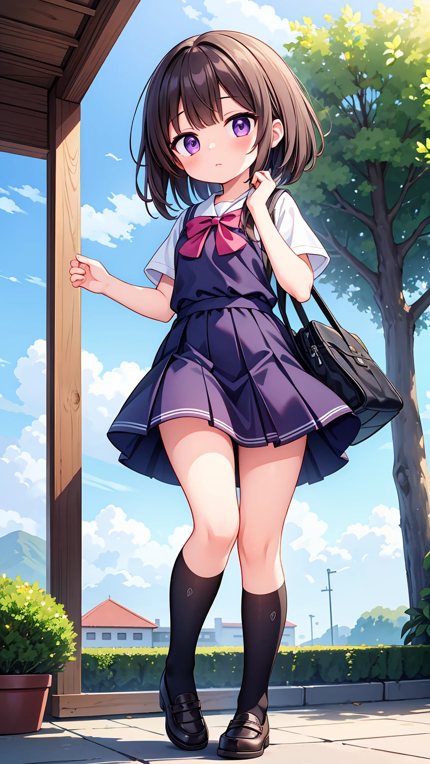 (High quality), (masterpiece), (very detailed), girl, (very small bust), short brown hair, purple eyes, shy face, (primary school ****), showing her thighs, on the school yard, sunny, camera angle from below, adorable eyes, (primar school uniform), she is in love