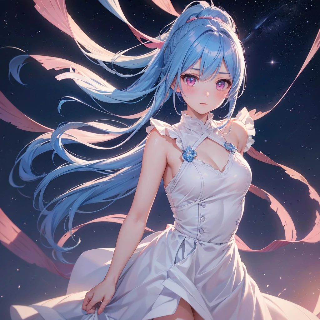Sky blue hair, (One braided ponytail),(Pink Eyes),Fair skin ,(whole body),(One girl),Orihime,Sky Yue,Tanabata,(The Milky Way in the night sky),Hollow Eyes,Blushing,Straight bangs,(masterpiece, Highest quality, Very detailed, Best Shadow), (Detailed Background), (Beautifully detailed face), High Contrast, (Best lighting, Very delicate and beautiful), ((Cinematic Light)), colorful, Hyper Detail, Dramatic Light, Intricate details,Open your arms
