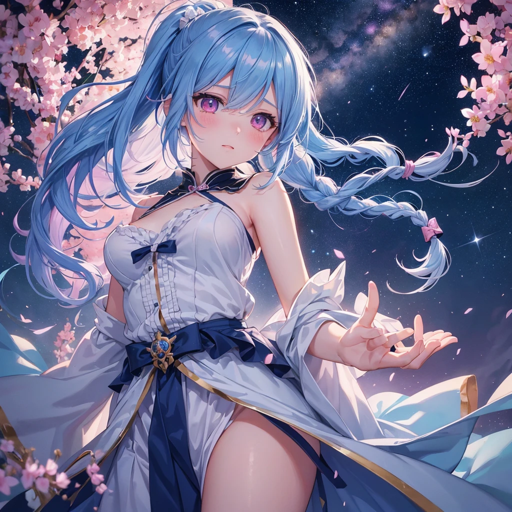 Sky blue hair, (One braided ponytail),(Pink Eyes),Fair skin ,(whole body),(One girl),Orihime,Sky Yue,Tanabata,(The Milky Way in the night sky),Hollow Eyes,Blushing,Straight bangs,(masterpiece, Highest quality, Very detailed, Best Shadow), (Detailed Background), (Beautifully detailed face), High Contrast, (Best lighting, Very delicate and beautiful), ((Cinematic Light)), colorful, Hyper Detail, Dramatic Light, Intricate details,Open your arms