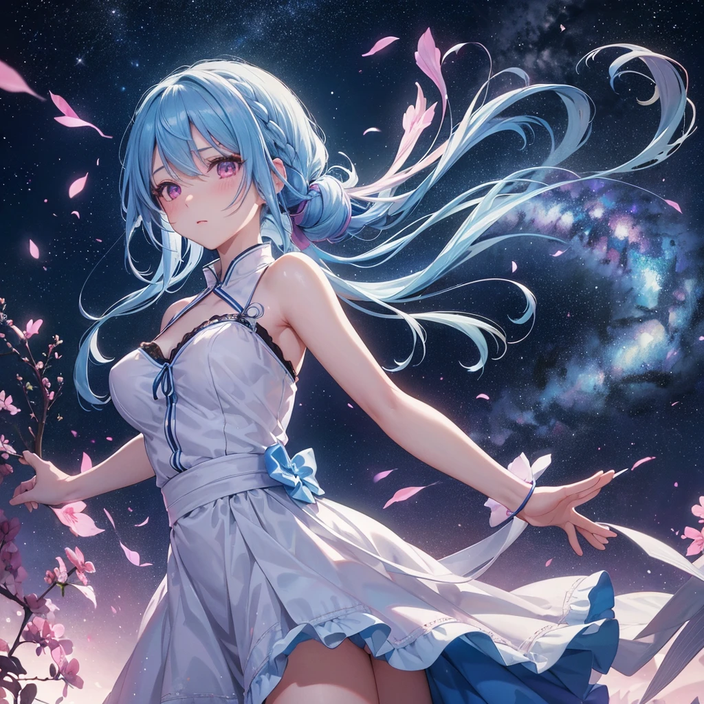 Sky blue hair, (One braided ponytail),(Pink Eyes),Fair skin ,(whole body),(One girl),Orihime,Sky Yue,Tanabata,(The Milky Way in the night sky),Hollow Eyes,Blushing,Straight bangs,(masterpiece, Highest quality, Very detailed, Best Shadow), (Detailed Background), (Beautifully detailed face), High Contrast, (Best lighting, Very delicate and beautiful), ((Cinematic Light)), colorful, Hyper Detail, Dramatic Light, Intricate details,Open your arms