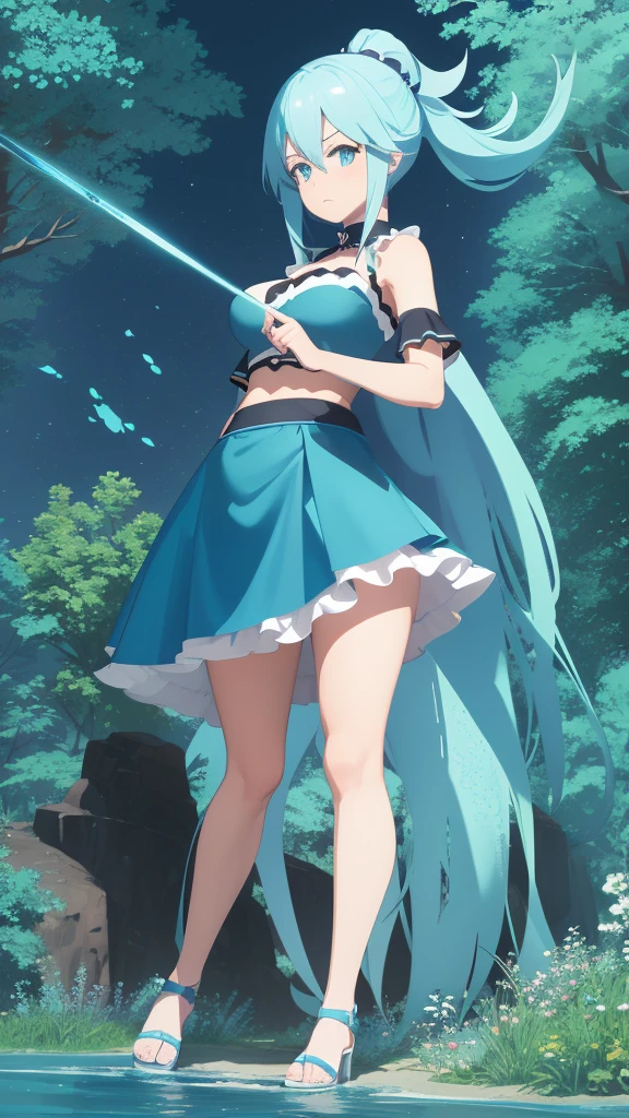 Aqua,konosuba,full body,standing,blue hair,light blue eyes,exposed belly,big thighs,long legs,blue hair,lace background,on a lace,nature background,big ,sort skirt,skirt,aqua,hands on hips