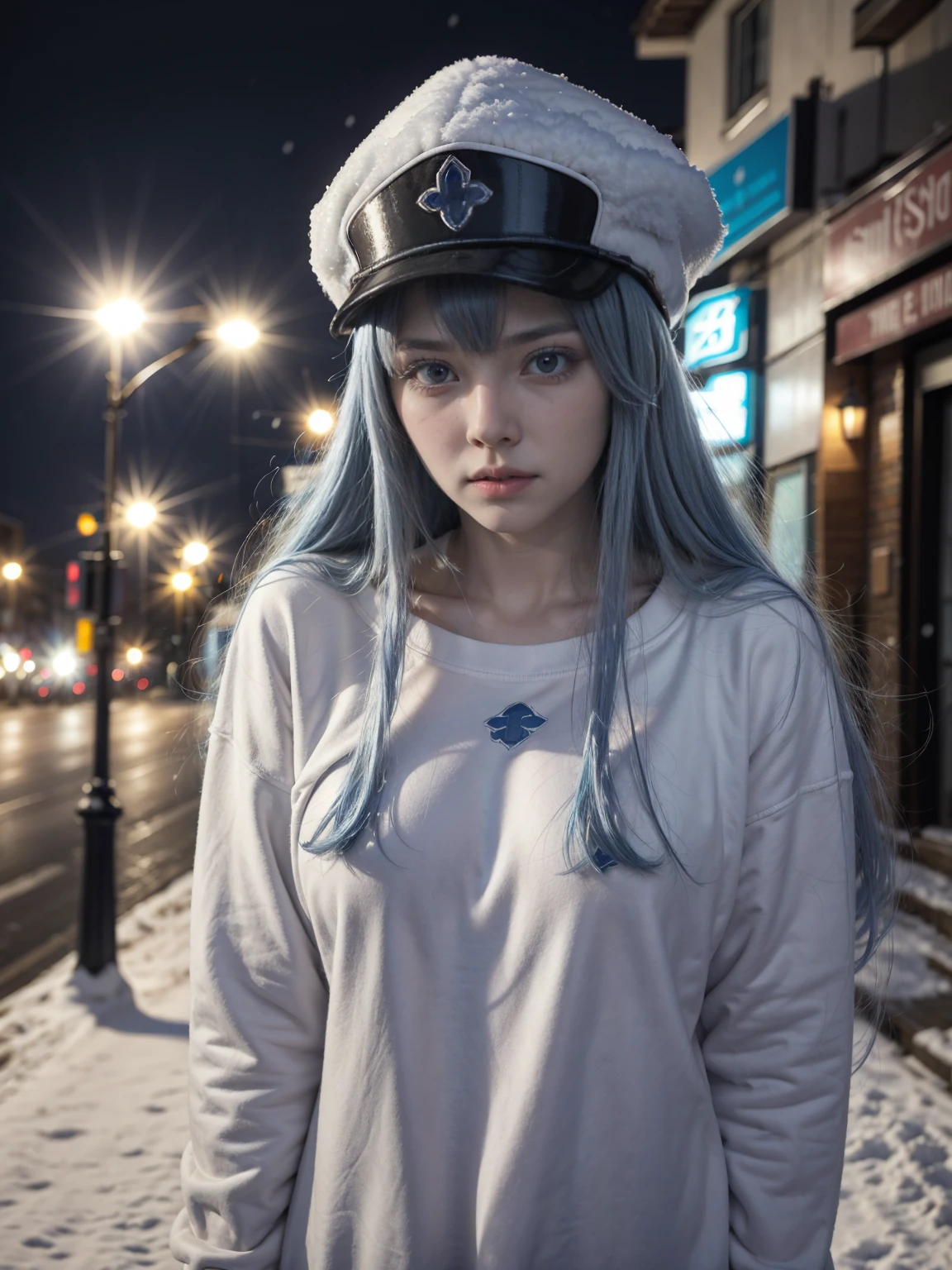 (artwork, best quality) a girl with long blue hair, blue eyes, blue eyelashes, big breasts, white sweatshirt with a hat, walking, upset, on a street in Russia, snowing heavily, at night