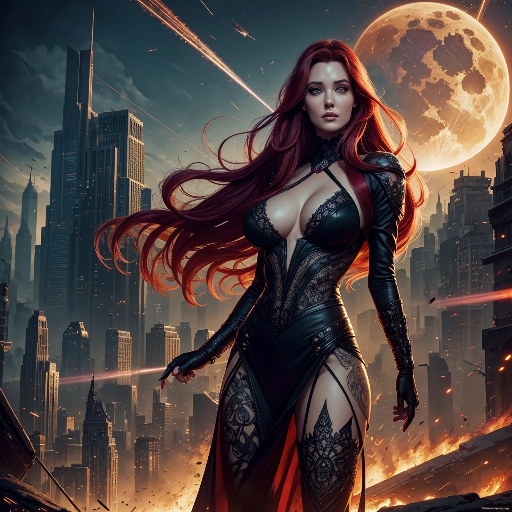 book cover asteroid armaggeddon, , full body of a woman with a stupid face of Winona Ryder morphed with Angelina Jolie with colorful hair and a city skyline, spider web lace, cracked glass canvas decoration, delight face, extremely laughing, the most gigantic breast, fantasy extremely long hair in the wind, huge moo in the backround, dan mumford tom bagshaw, in style of digital illustration, a beautiful artwork illustration, stunning digital illustration, stylized urban fantasy artwork, detailed matte fantasy portrait, epic portrait illustration, anna dittman, exquisite digital illustration, martin ansin artwork portrait, in style of dark fantasy art, red haired goddess