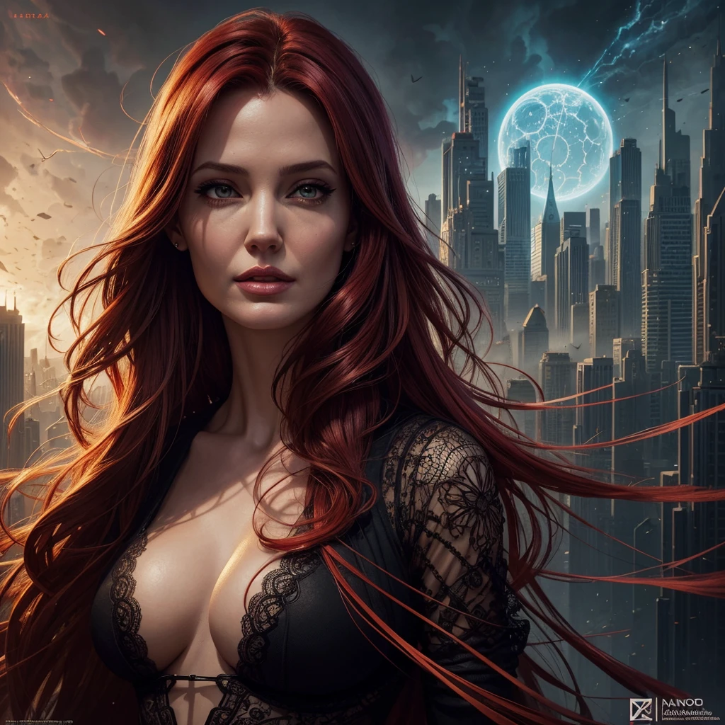 book cover asteroid armaggeddon, , full body of a woman with a stupid face of Winona Ryder morphed with Angelina Jolie with colorful hair and a city skyline, spider web lace, cracked glass canvas decoration, delight face, extremely laughing, the most gigantic , fantasy extremely long hair in the wind, huge moo in the backround,  dan mumford tom bagshaw, in style of digital illustration, a beautiful artwork illustration, stunning digital illustration, stylized urban fantasy artwork, detailed matte fantasy portrait, epic portrait illustration, anna dittman, exquisite digital illustration, martin ansin artwork portrait, in style of dark fantasy art, red haired goddess
