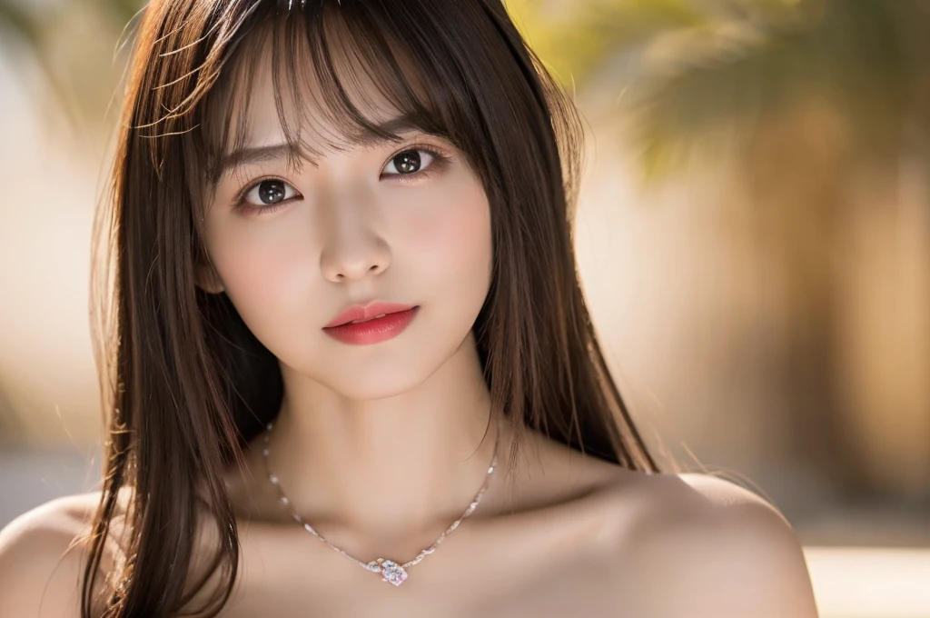 (Highest quality、On the table、8K、Best image quality、Award-winning works)、(Young girl, 14 years old:1.3)、(White camisole:1.2)、(Red eyeshadow:1.2)、Perfect Makeup、Long eyelashes、Ultra HD Shining Eyes、Ultra HD Hair、Ultra-high resolution glossy lips、Ultra High Resolution Perfect Teeth、Ultra HD cute face、Brown Hair、(Very short straight hair:1.1)、Look at me and smile、[clavicle]、Accurate anatomy、Tropical Beach、(The most atmospheric warm light:1.2)、Blurred Background、Has bangs、Ultra-high-definition, shiny, moisturized face、Ultra-high resolution glowing skin、The most delicate face、Super high resolution detailed faces、ultra high resolution hair、Ultra high resolution glowing eyes、Beautiful face with delicate expression、Ultra high resolution glossy red lips、Big Breasts、Cleavage、Fashion Necklace、