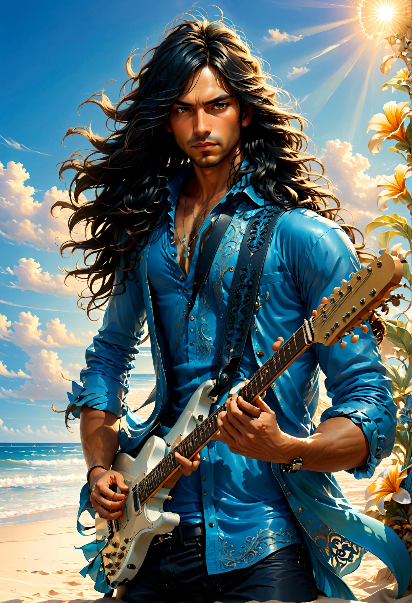 guitarist, men with black long hair with blue clothes , beachfront, best qualityer, work of art, very aesthetic, perfect composition, details Intricate, ultra detali