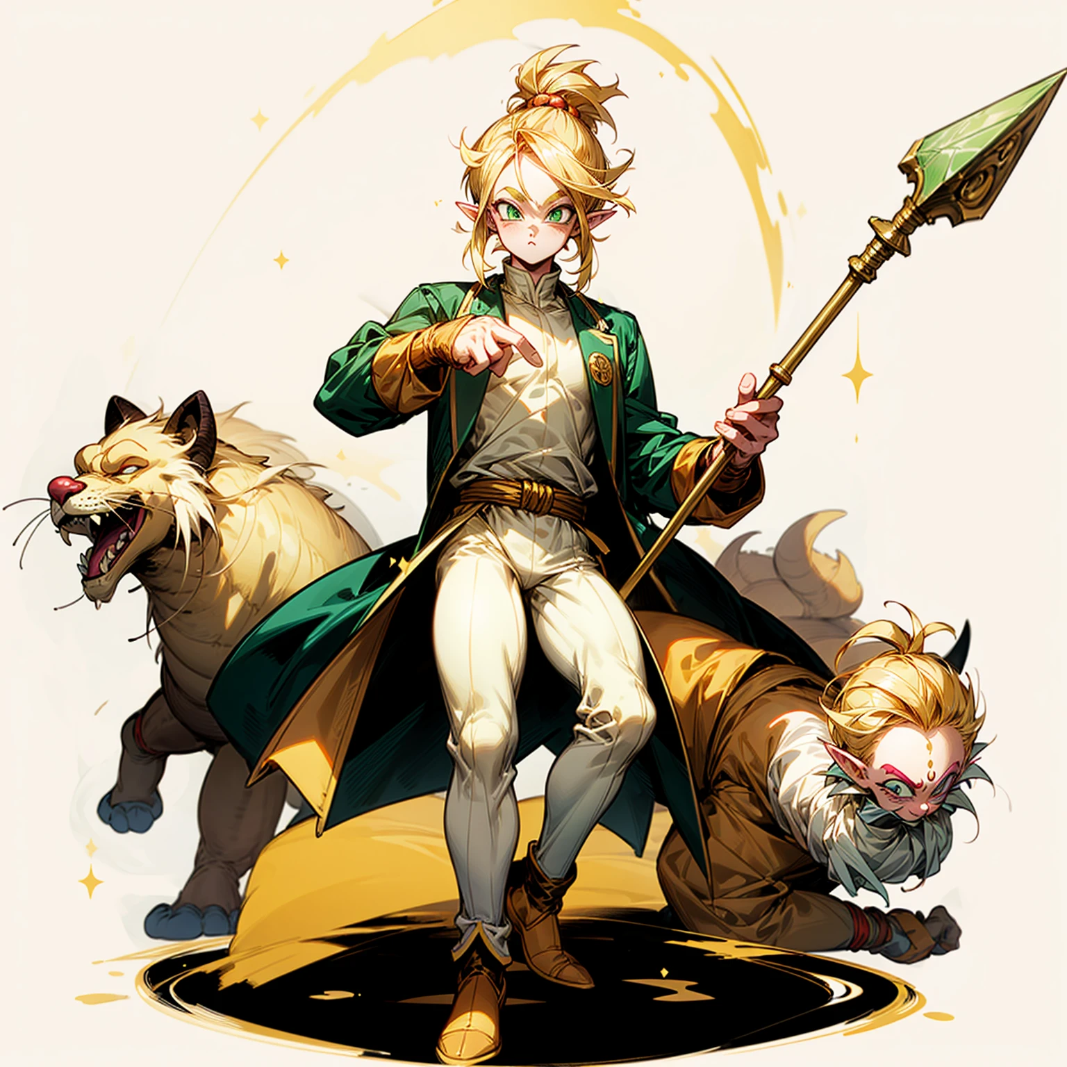 Ultra detailed, full background, Full body version, motion blur, plasma, lens blur, overlay color, overlay blending, lighten blending, chromatic aberration, hd, ultra hd, (dragon ball style), boy, makeup clown, gold color hair, green eyes, Elf