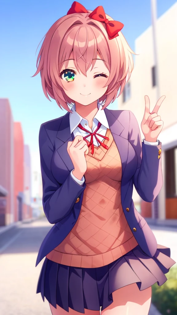 one girl, Sayori, DDLC, Doki Doki Literature Club, hair bow, short hair, cheerful girl, school blazer, positive girl, medium breasts, careless girl, girl smiles with her eyes closed, girl wink at me cutely, skirt, my best friend