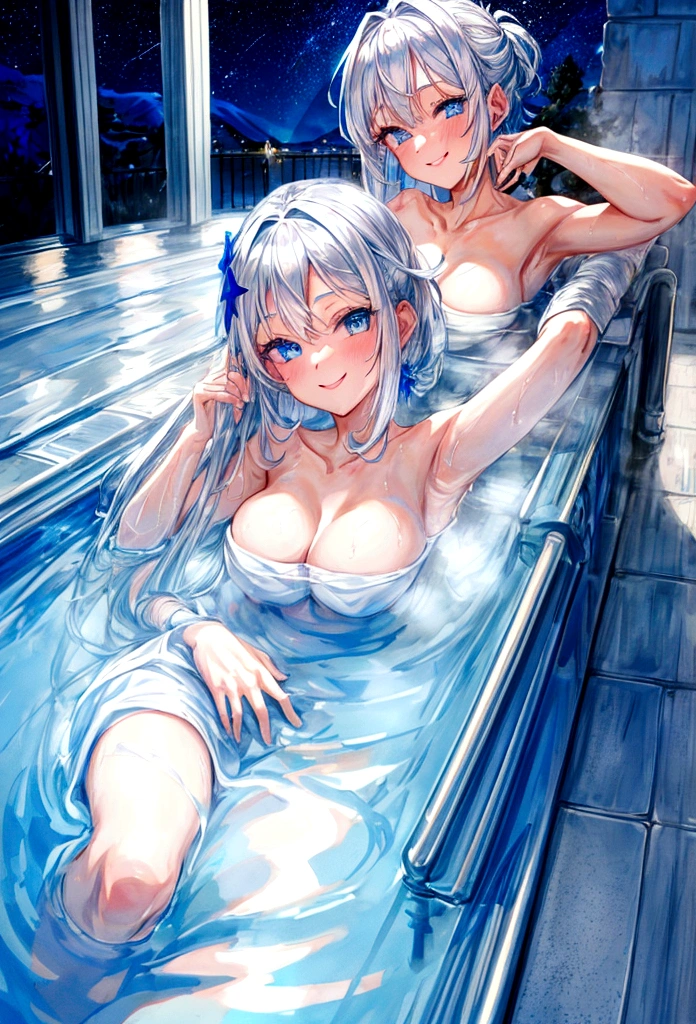 silver hair girl , bright blue eyes , wide, Masterpiece , hot springs with a towel around your body , smiling , night of Stars