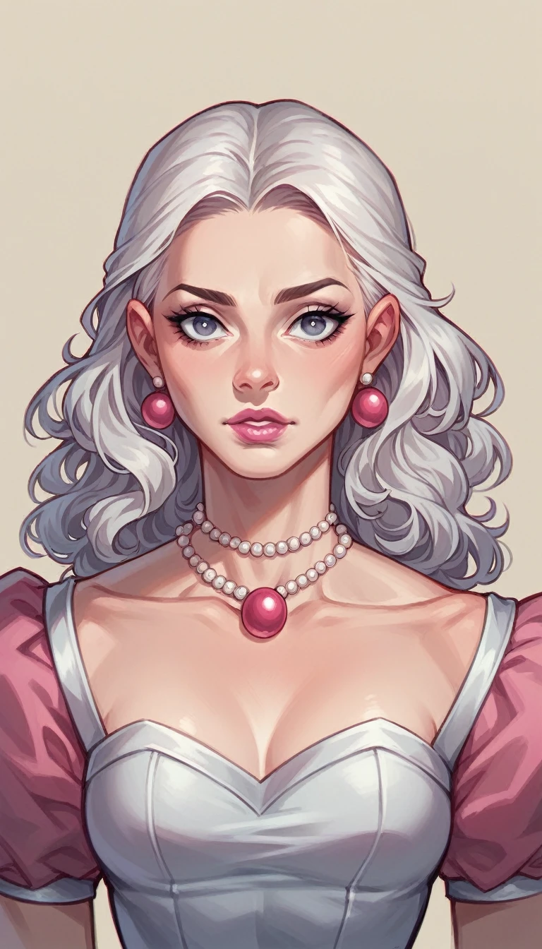 Female character styled DC comics, young girl of 16 years, with a dress that is not even revealing, nor adjusted, Let him have platinum hair with eyes the color of pearls and pink lips., 