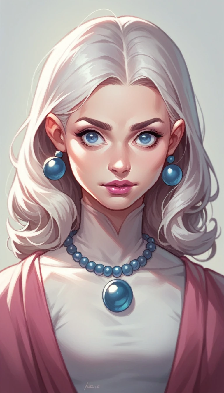 Female character styled DC comics, young girl of 16 years, with a dress that is not even revealing, nor adjusted, Let him have platinum hair with eyes the color of pearls and pink lips.,