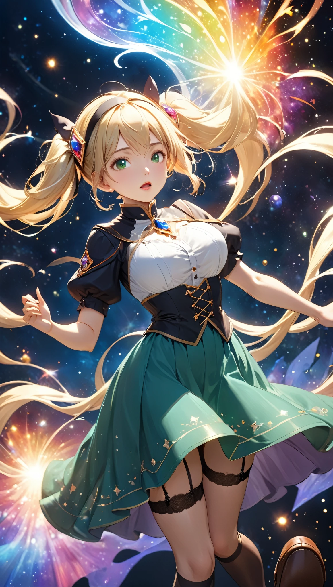 8K resolution, masterpiece, Highest quality, Award-winning works, unrealistic, Only sexy women, healthy shaped body, Age 25, White wavy long hair, twin tail, hair band, huge firm bouncing busts, witch, royal coat of arms, elegant, Very detailed, Digital Painting, artステーション, コンセプトart, Smooth, Sharp focus, shape, artジャム、Greg Rutkowski、Alphonse Mucha、William Adolphe Bouguereau、art：Stephanie Law , Magnificent cosmic background, Royal Jewel, nature, Full Shot, Symmetric, Greg Rutkowski, Charlie Bowwater, beep, Unreal 5, Surreal, Dynamic Lighting, ファンタジーart, Complex colors, カラフルなmagic陣, magic, Small face, Very delicate facial expressions, Delicate eye depiction, Upper body close-up,, erotic, dynamic sexy poses, One sexy woman, Healthy body shape, 24-year-old woman, doaxvv_marie rose, witch, Height: 170cm, big firm bouncing busts, , blonde very long wavy hair, twin tail,, Top view, Glaring at the camera, Looking up, Invincible laughter, A complex, gothic-style long dress, , Green long skirt, garter belt, Brown Loafers, Standing Alone