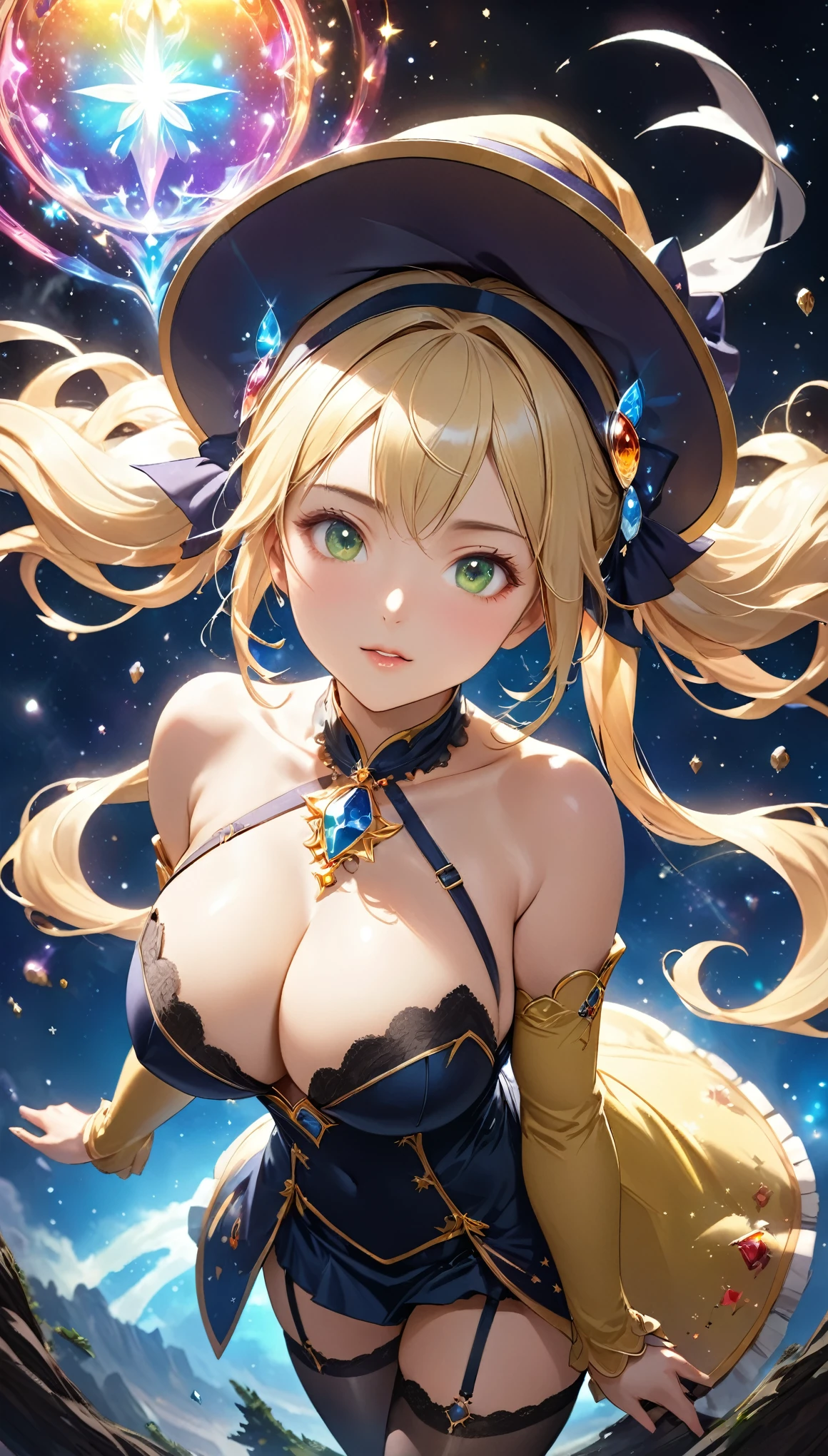 8K resolution, masterpiece, Highest quality, Award-winning works, unrealistic, Only sexy women, healthy shaped body, Age 25, White wavy long hair, twin tail, hair band, huge firm bouncing busts, witch, royal coat of arms, elegant, Very detailed, Digital Painting, artステーション, コンセプトart, Smooth, Sharp focus, shape, artジャム、Greg Rutkowski、Alphonse Mucha、William Adolphe Bouguereau、art：Stephanie Law , Magnificent cosmic background, Royal Jewel, nature, Full Shot, Symmetric, Greg Rutkowski, Charlie Bowwater, beep, Unreal 5, Surreal, Dynamic Lighting, ファンタジーart, Complex colors, カラフルなmagic陣, magic, Small face, Very delicate facial expressions, Delicate eye depiction, Upper body close-up,, erotic, dynamic sexy poses, One sexy woman, Healthy body shape, 24-year-old woman, doaxvv_marie rose, witch, Height: 170cm, big firm bouncing busts, , blonde very long wavy hair, twin tail,, Top view, Glaring at the camera, Looking up, Invincible laughter, A complex, gothic-style long dress, , Green long skirt, garter belt, Brown Loafers, Standing Alone
