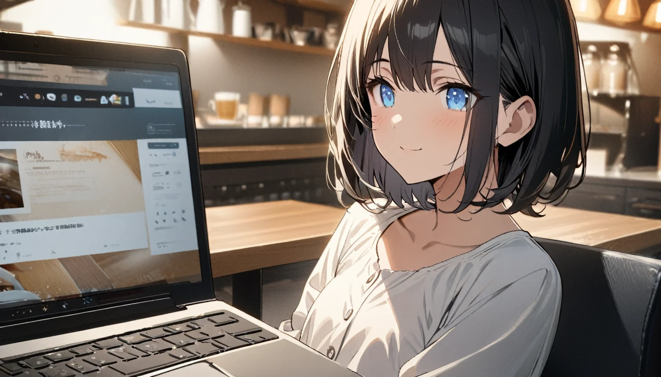 1girl, solo, blue eyes, (detailed eyes), flat chest, short hair, black hair, upper body, gentle smile on her face, wearing a white dress shirt, sitting up straight((masterpiece, illustration, best quality)) A woman operating a laptop in a stylish cafe、28 years old、adult atmosphere、Close-up, has a cup of coffee right beside her