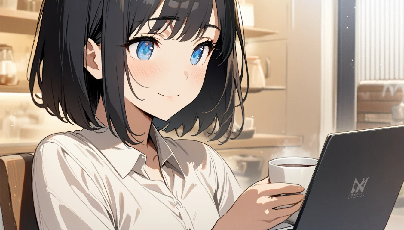 1girl, solo, blue eyes, (detailed eyes), flat chest, short hair, black hair, upper body, gentle smile on her face, wearing a white dress shirt, sitting up straight((masterpiece, illustration, best quality)) A woman operating a laptop in a stylish cafe、28 years old、adult atmosphere、Close-up, has a cup of coffee right beside her