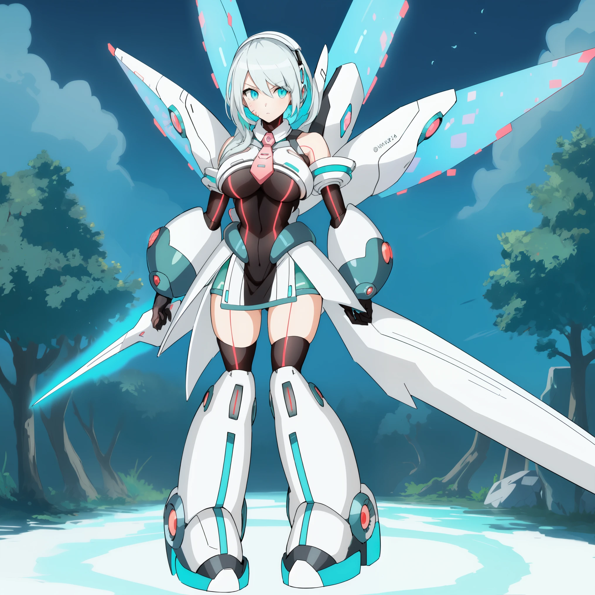 ico_megamanxdive, 1girl, blue eyes, solo, white hair, android, large breasts, black gloves, short hair, thighhighs, necktie, high quality, masterpiece, standing with green flames coming from a tree