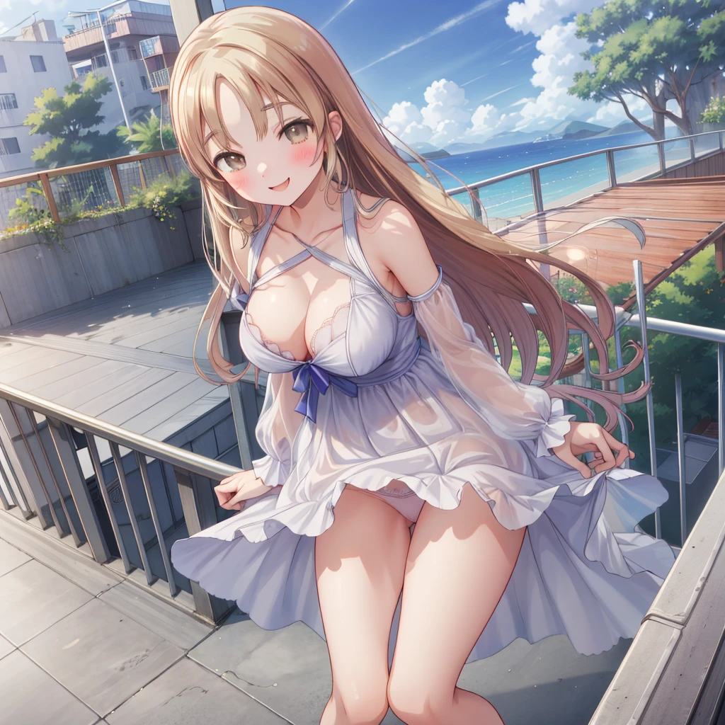 masterpiece, Highest quality, High Resolution, HS1,blush、smile,NSFW、Balcony、See-through white underwear、Big Breasts、