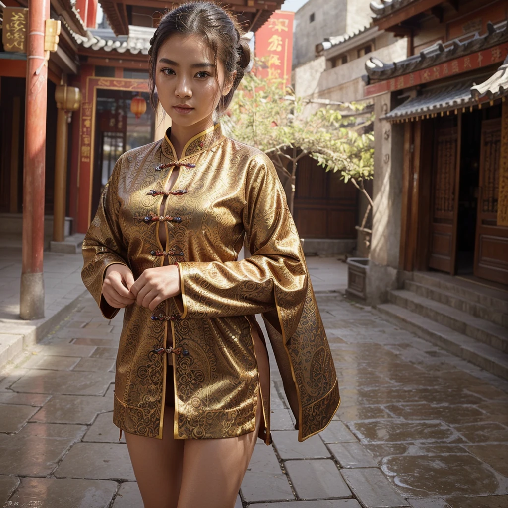 Stunning single woman on Instagram, sexy Chinese woman poses, her radiant beauty captivates the viewer. She wears traditional, ornate Chinese clothing whose intricate patterns and textures highlight her cultural heritage. Her piercing eyes shine with independence. photorealistic, only one woman in the photo, random facial appearance, wet body, young face, short blond hair