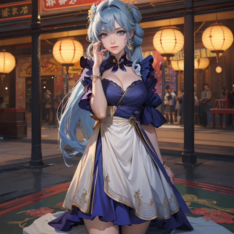 Robin_(Honkai star rail), ornament hair, perfectly body, perfectly hands, twintails, wave hair, light blue hair, long hair, maid, maid dress, maid headdress, maid apron, garden, temple, shrine, outside, Chinese festival scenery, gold lantern, Chinese lantern, fireworks, black dress, more details on her clothes, black dress, golden details, smiling, ((4k, masterpiece, top-quality)),8k, best quality, high resolution, HD, (illustration:0.8), super cute girl, delicate and beautiful face, 1girl, solo, mature girl, super cute hairstyle, (beautiful detailed eyes:1.6), extremely detailed face, perfect lighting, extremely detailed CG, (perfect hands, perfect anatomy), Best quality, cleavage, skirt, full Body,