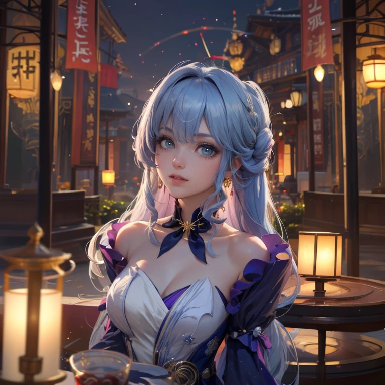 Robin_(Honkai star rail), ornament hair, perfectly body, perfectly hands, twintails, wave hair, light blue hair, long hair, maid, maid dress, maid headdress, maid apron, garden, temple, shrine, outside, Chinese festival scenery, gold lantern, Chinese lantern, fireworks, black dress, more details on her clothes, black dress, golden details, smiling, ((4k, masterpiece, top-quality)),8k, best quality, high resolution, HD, (illustration:0.8), super cute girl, delicate and beautiful face, 1girl, solo, mature girl, super cute hairstyle, (beautiful detailed eyes:1.6), extremely detailed face, perfect lighting, extremely detailed CG, (perfect hands, perfect anatomy), Best quality, cleavage, skirt, full Body,