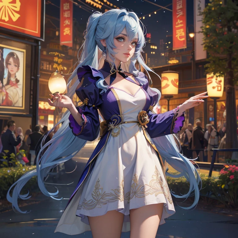 Robin_(Honkai star rail), ornament hair, perfectly body, perfectly hands, twintails, wave hair, light blue hair, long hair, maid, maid dress, maid headdress, maid apron, garden, temple, shrine, outside, Chinese festival scenery, gold lantern, Chinese lantern, fireworks, black dress, more details on her clothes, black dress, golden details, smiling, ((4k, masterpiece, top-quality)),8k, best quality, high resolution, HD, (illustration:0.8), super cute girl, delicate and beautiful face, 1girl, solo, mature girl, super cute hairstyle, (beautiful detailed eyes:1.6), extremely detailed face, perfect lighting, extremely detailed CG, (perfect hands, perfect anatomy), Best quality, cleavage, skirt, full Body,