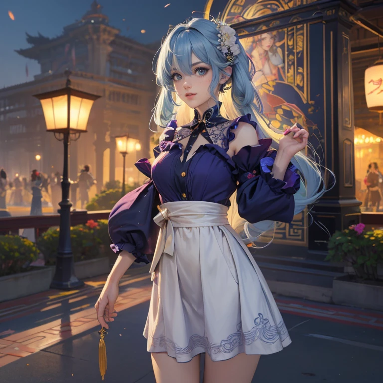 Robin_(Honkai star rail), ornament hair, perfectly body, perfectly hands, twintails, wave hair, light blue hair, long hair, maid, maid dress, maid headdress, maid apron, garden, temple, shrine, outside, Chinese festival scenery, gold lantern, Chinese lantern, fireworks, black dress, more details on her clothes, black dress, golden details, smiling, ((4k, masterpiece, top-quality)),8k, best quality, high resolution, HD, (illustration:0.8), super cute girl, delicate and beautiful face, 1girl, solo, mature girl, super cute hairstyle, (beautiful detailed eyes:1.6), extremely detailed face, perfect lighting, extremely detailed CG, (perfect hands, perfect anatomy), Best quality, cleavage, skirt, full Body,