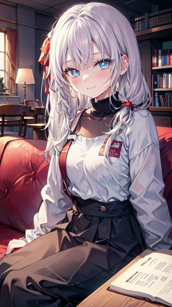 1girl, long white twintails hair, blue pupils, Wearing casual clothes, Sitting on a couch, library, smiling, {{detail illustration}}
